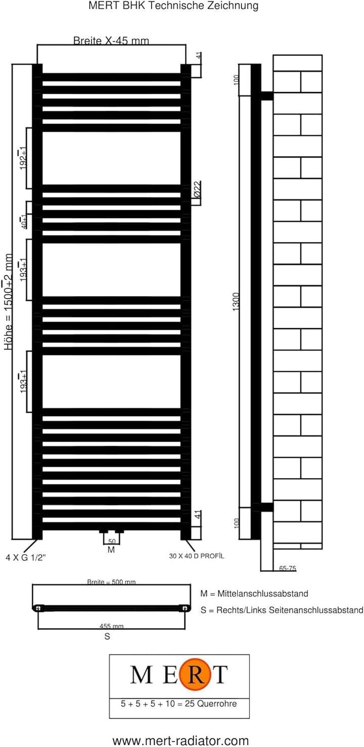 MERT Comfort Badheizkörper 500x1800mm Mittelanschluss Pulverbeschichtet Verkehrsweiss RAL9016 geboge