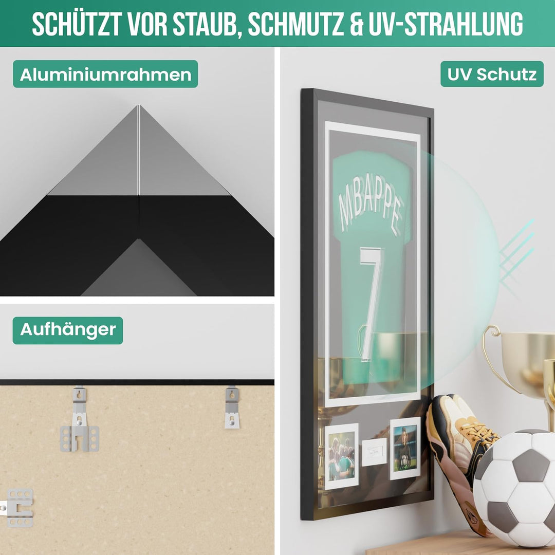 Avalo Trikotrahmen Aluminium - Objektrahmen für Fussballtrikot - 3D Box Frame - 60x80 CM - Schwarz -