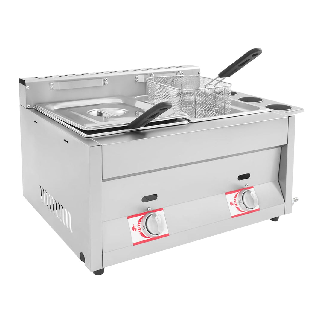 Kommerzielle Gas Fritteuse 10L+10L Doppeltank, Edelstahl Frittiermaschine mit 2 Frittierkörben & Dec
