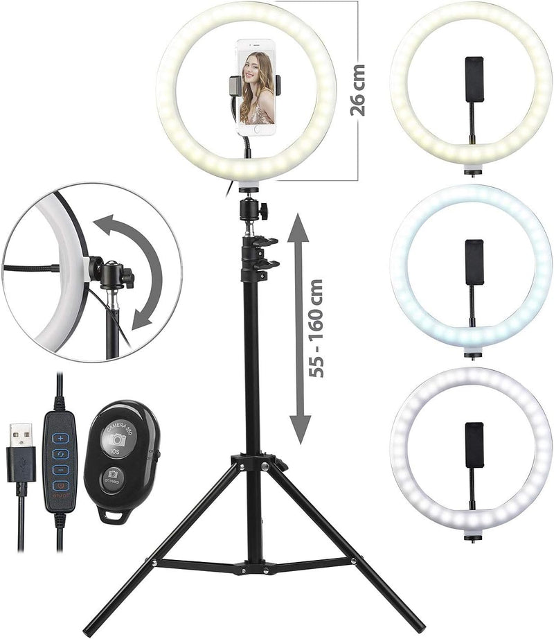 Somikon Handy Stativ mit Licht: LED-Ringlicht, Handy-Halter, Stativ, Fernauslöser, Ø 10" / 25 cm (Li