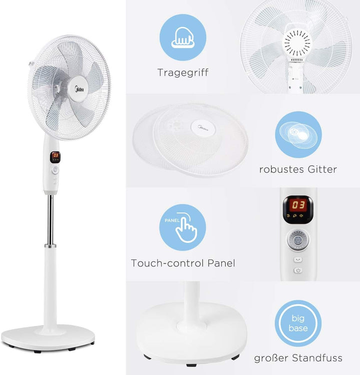 Midea FS40-16CR DC Motor Standventilator leise Extreme,mit Fernbedienung,12 Geschwindigkeiten,12H Ti
