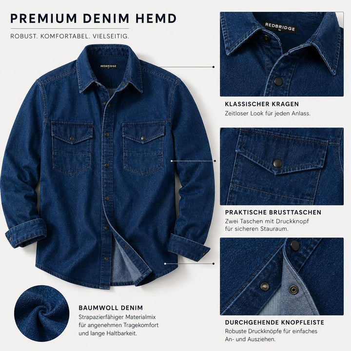 Red Bridge Herren Hemd Jeanshemd Freizeithemd Premium Denim Chest Pocket XL Dunkelblau, XL Dunkelbla