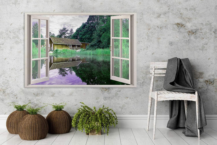 Feeby Leinwand Bilder - Fensterblick Lakeside House - Vlies 45x30 cm - Deko Wohnzimmer - Wandbilder