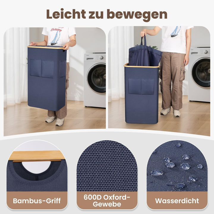 OUSFOT Wäschekorb mit Deckel 105L, Wäschesammler mit Griffen aus Bambus, Laundry Basket Wasserdicht