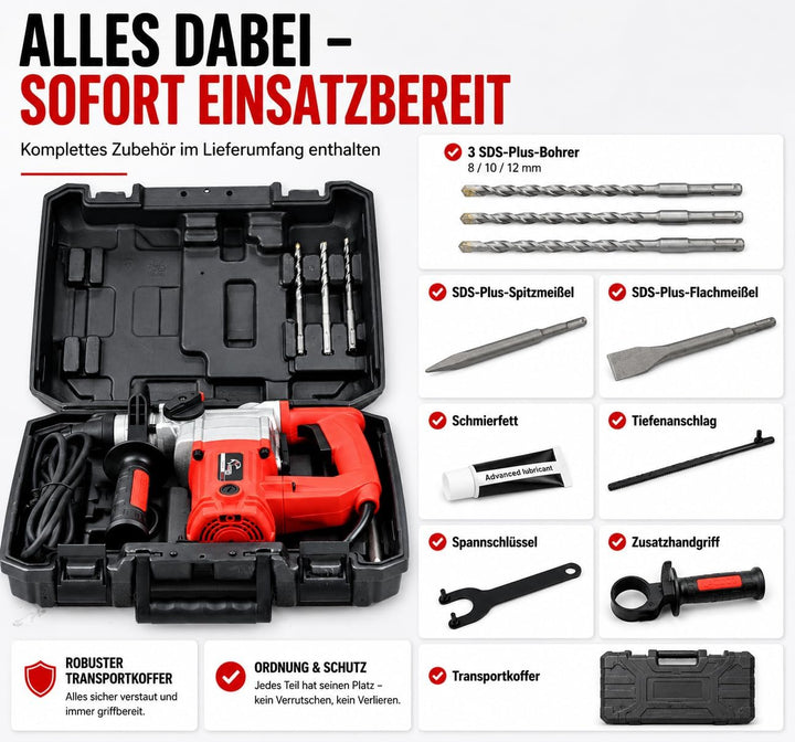 REXXER Bohrhammer SDS Plus 800W, 4 Joule Schlagkraft, Kombihammer mit Bohren, Schlagbohren, Meisseln