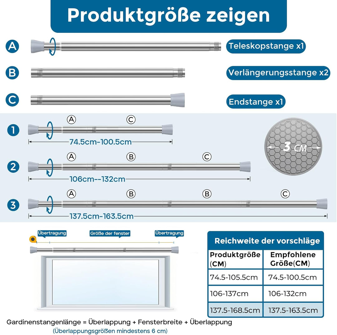 AIZESI 1 Stück Gardinenstange ohne Bohren 85-150cm Ø22mm Teleskopstange Vorhangstange Duschvorhangst