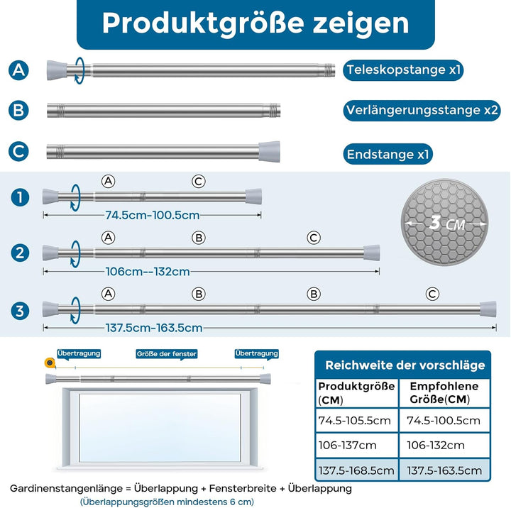 AIZESI 1 Stück Gardinenstange ohne Bohren 85-150cm Ø22mm Teleskopstange Vorhangstange Duschvorhangst