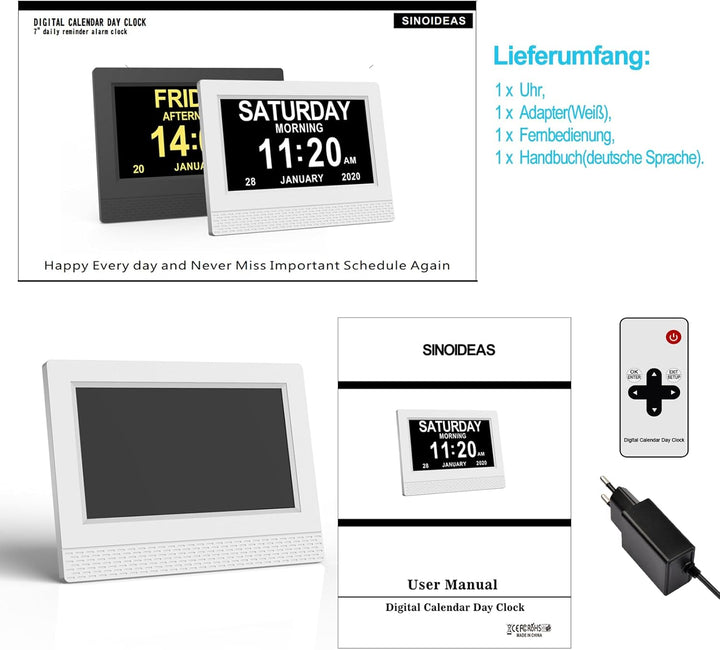 SINOIDEAS 3.0 Upgrade- 7 Zoll Digitale Kalender，Senioren Uhr，Demenz Uhr mit Erinnerungsfunktion，Uhr