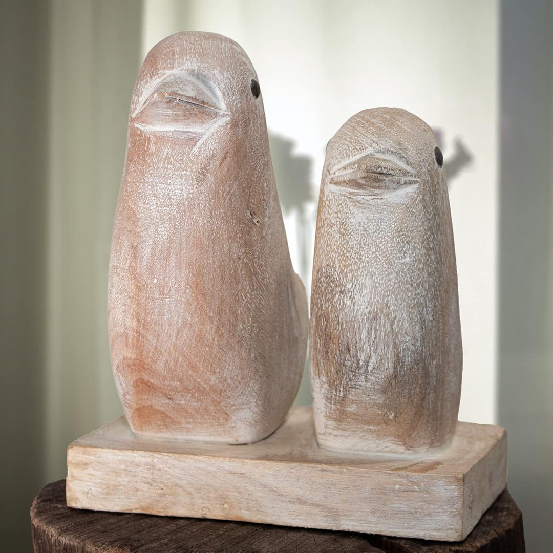 Antikas - Holzfigur, 2 Vögel, Naturfarbend, Gekalkt