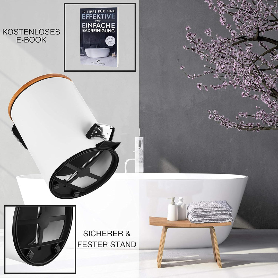 VMbathrooms 3L Kosmetikeimer in edlem weissem Design | Tretmülleimer mit Absenkautomatik (Soft Close