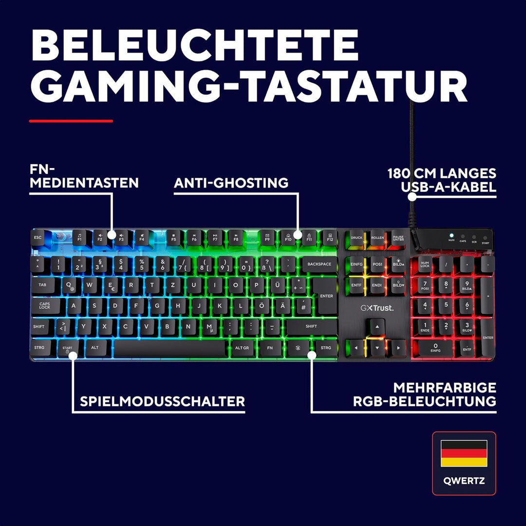 Trust Gaming GXT 835 Azor Gaming Tastatur mit Beleuchtung Deutsches QWERTZ Layout, Tastaturlayout in
