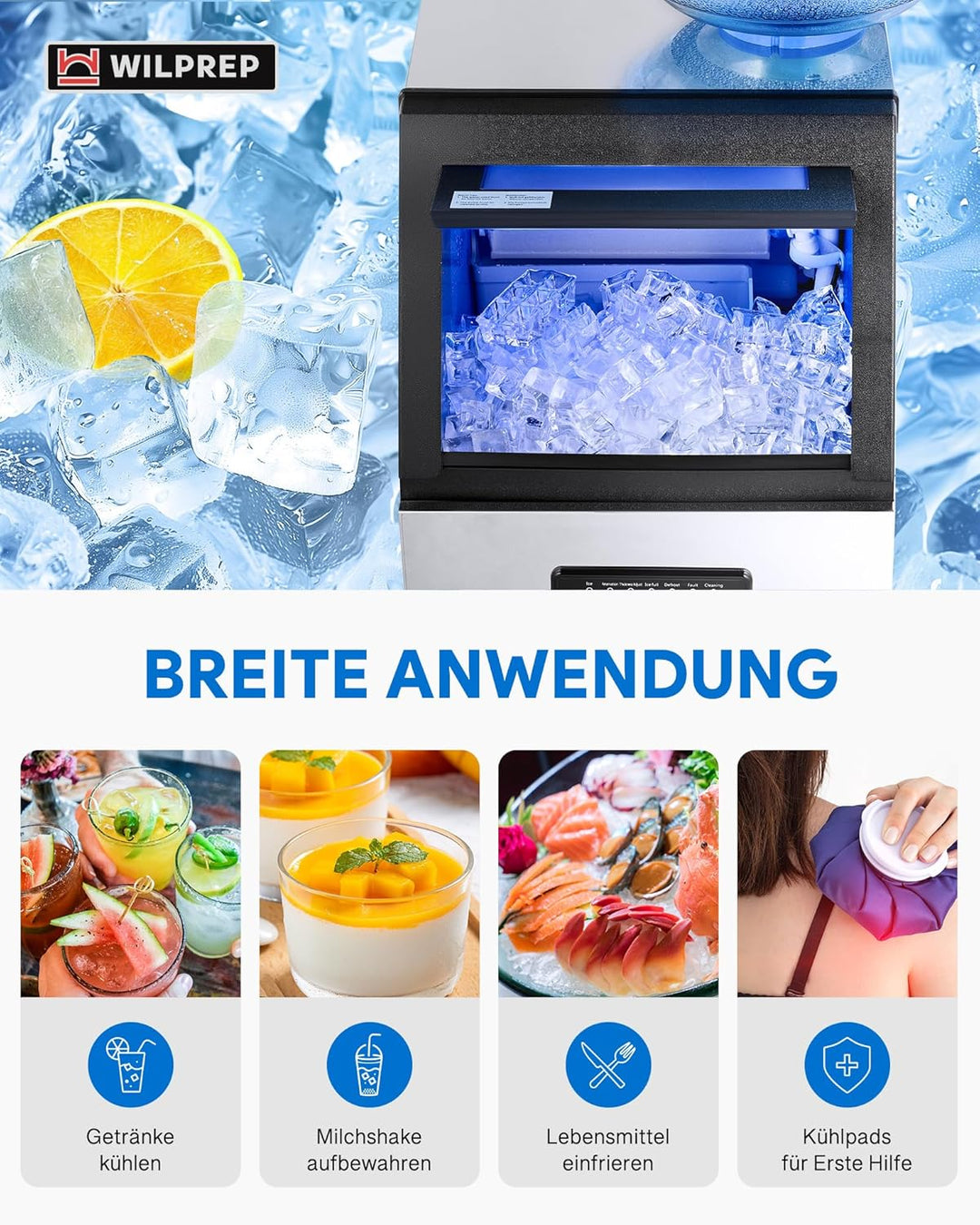 CREWORKS Edelstahl-Eiswürfelmaschine 73 kg/24 h Gewerbeausführung mit LCD-Display ideal für Zuhause,