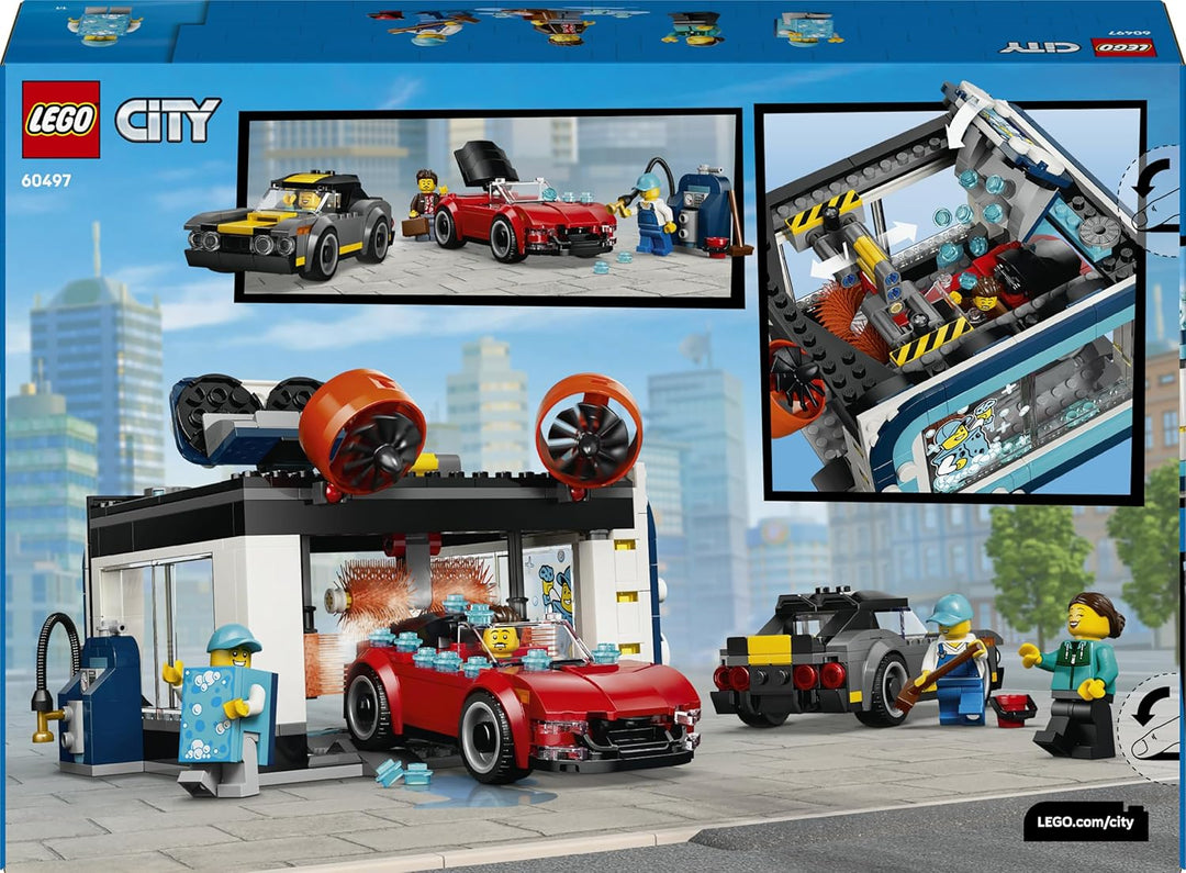 LEGO City Waschstrasse Spielzeug - inkl. 2 Modellautos, Waschfunktion und 4 Minifiguren mit Zubehör