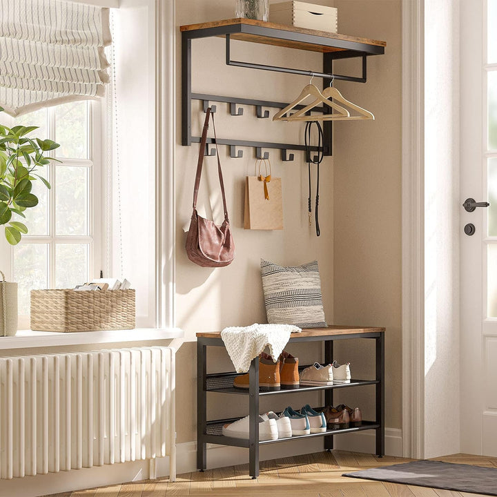 HOOBRO Wandgarderobe mit Ablage, Wandregal mit 10 Haken und Stangen, Wandmontiertes Hängeregal, 80 x