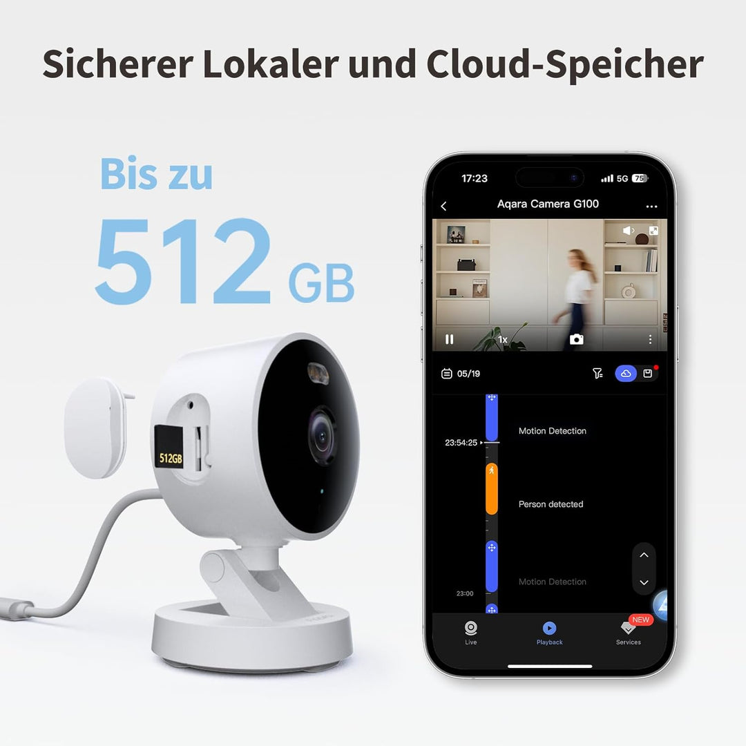Aqara G100, 2K Sicherheitskamera für Innen & Aussenbereich, HomeKit Secure Video, 2-Wege-Audio, Sche