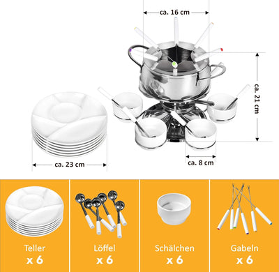 Ribelli Fondue Set 28-teilig Edelstahl 6X Gabel, Löffel, Teller, Schälchen Käsefondue Fleischfondue