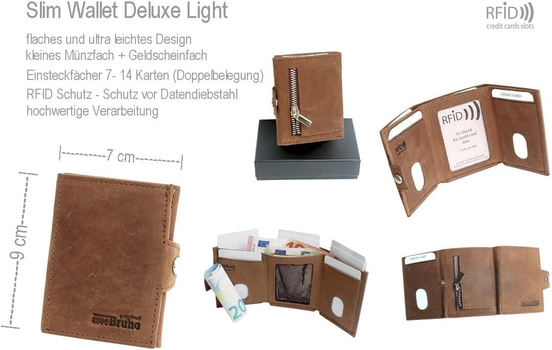 orso Bruno original Minigeldbörse Herren braun Leder RFID Schutz, kleine Herren Mini Geldbörse, Mini