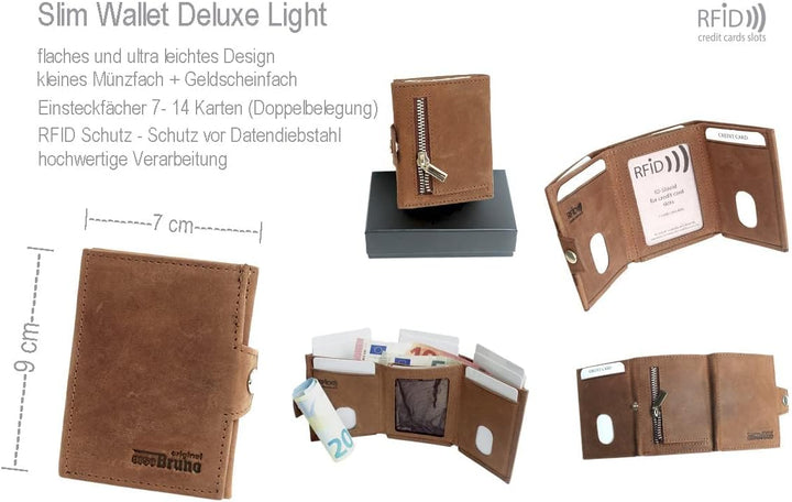 orso Bruno original Minigeldbörse Herren braun Leder RFID Schutz, kleine Herren Mini Geldbörse, Mini