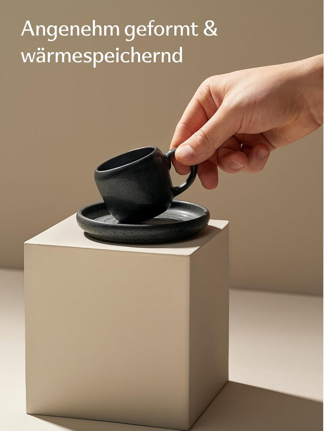 Cosumy 4er Espressotassen Set mit Untertassen Schwarz – 90 ml Keramik Espresso Tassen Set – Hält lan