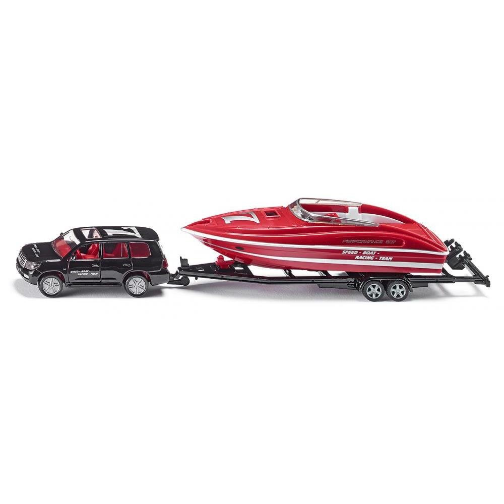 siku 2543, PKW mit Motorboot, 1:55, Metall/Kunststoff, Schwarz/Rot, Schwimmfähiges Spielzeugboot, PK