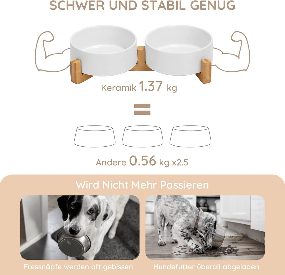 SPUNKYJUNKY Hundenapf Keramik Doppel Hund Futternapf mit Bambus Ständer für Katzen und Hunde (400ml,
