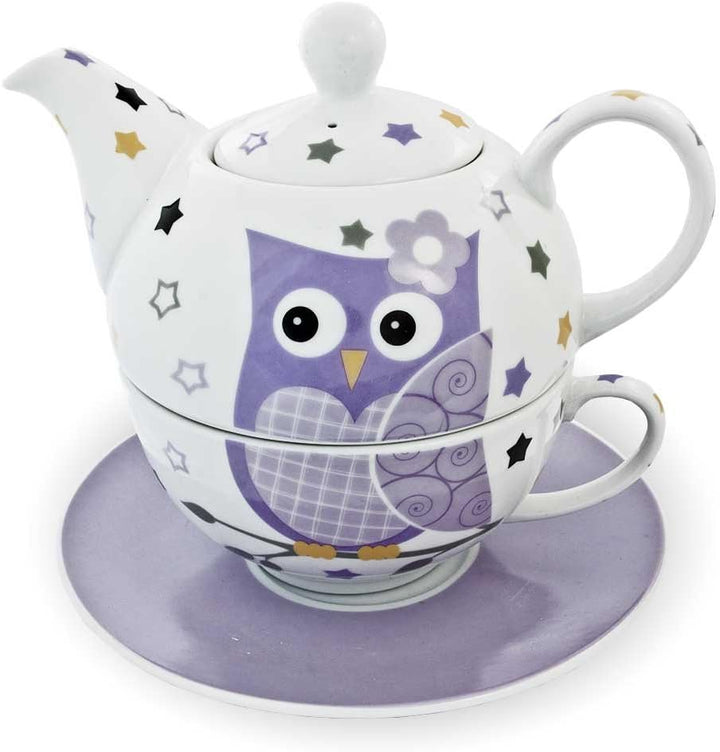 Porzellan Tee Set Tea for one Teeservice Teekanne Tasse Untersetzer Eule lila weiss