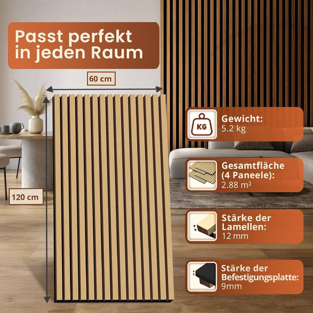 NEU.HOLZ Akustik Wandpaneele Vang 4er Set Wandverkleidung zum Kleben und Schrauben 2,88 m² Holzfurni