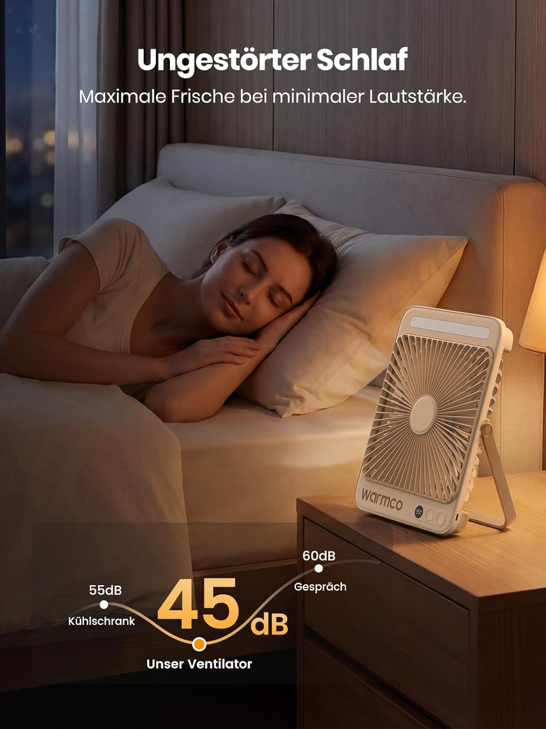 Warmco 20000mAh Akku Camping Ventilator 27cm mit Lampe, 15-48 Std. Laufzeit, Ultra-Leise, Ultraflach