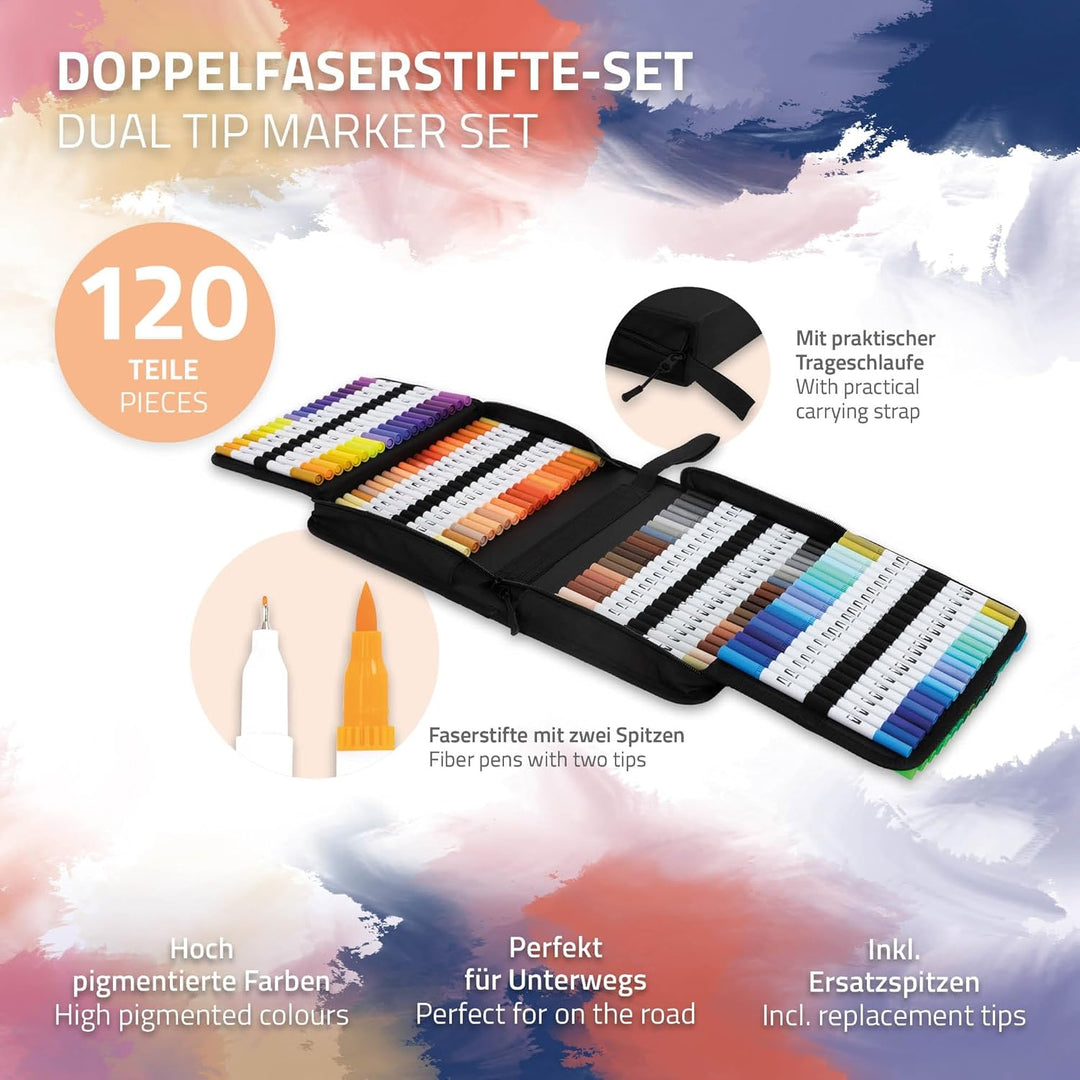 ECD Germany Dual Brush Pen Set 120 Farben, Wasserbasis Doppelfasermaler Set, Pinselstifte Marker, Fi