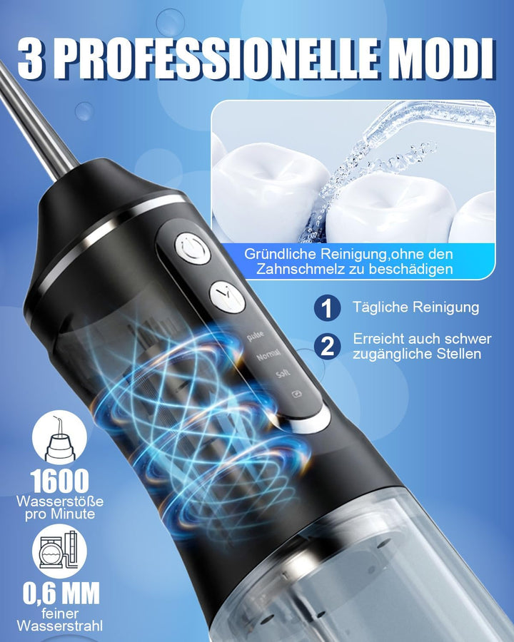 Munddusche Kabellos Elektrisch, 2026 380ml Wassertank, 3 Modi & 4 Düsen, 1600 Wasserstösse/Min, IPX7