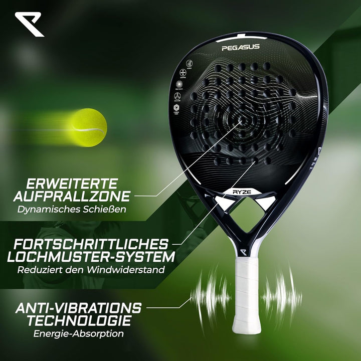 RYZE PEGASUS – Padel Schläger aus 100% Kohlefaser - Maximale Power & Kontrolle - 360g Leicht & Langl