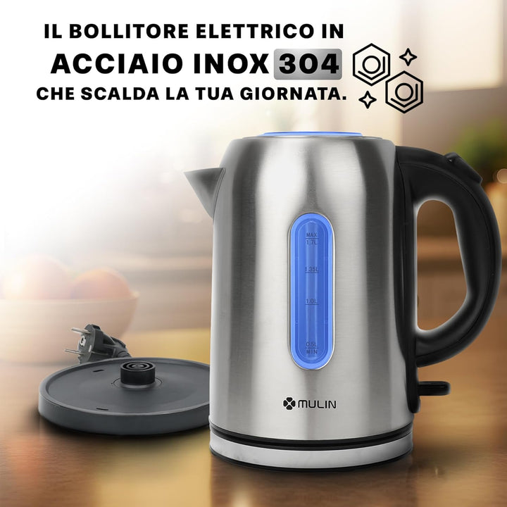 MULIN Elektrischer Wasserkocher aus Edelstahl, 1,7 l, 2200 W Schnellkochen, 360° drehbarer Sockel, a