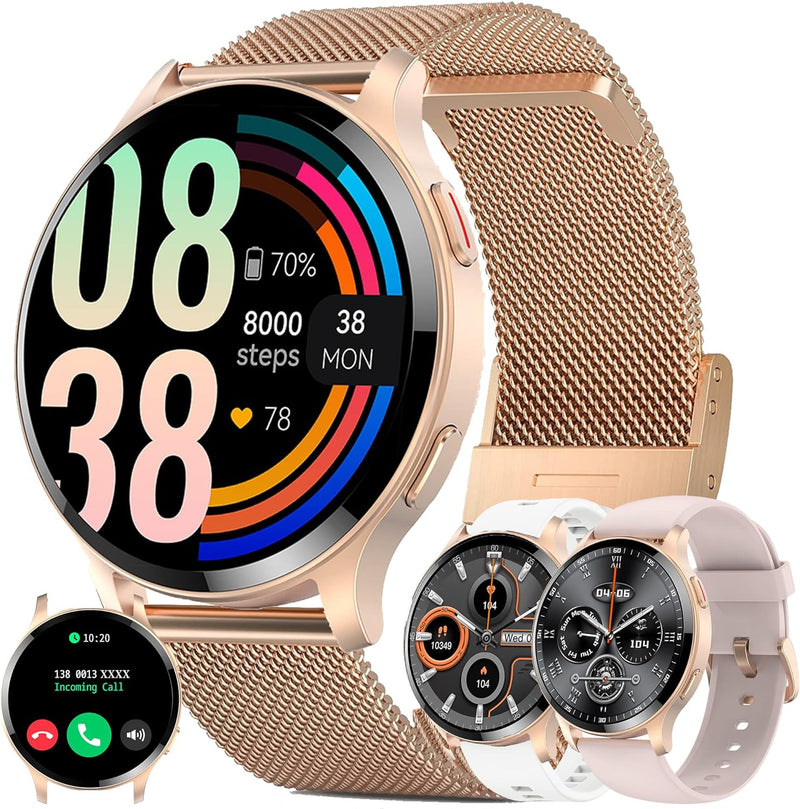 Smartwatch Damen mit Telefonfunktion 1,43" HD Voll Touchscreen Uhren Fitness Tracker 15 Sportmodi Ak