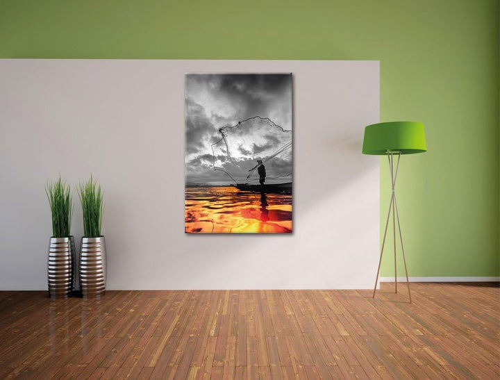 Pixxprint Angler mit grossem Fangnetz auf See als Leinwandbild/Grösse: 100x70 cm/Wandbild/Kunstdruck