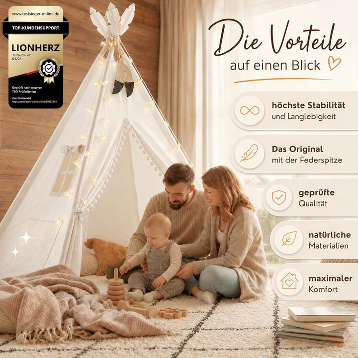 LIONHERZ® DAS ORIGINAL Tipi Zelt für Kinder aus 100% Baumwolle mit Federdeko, Kuschelmatte, Tragetas