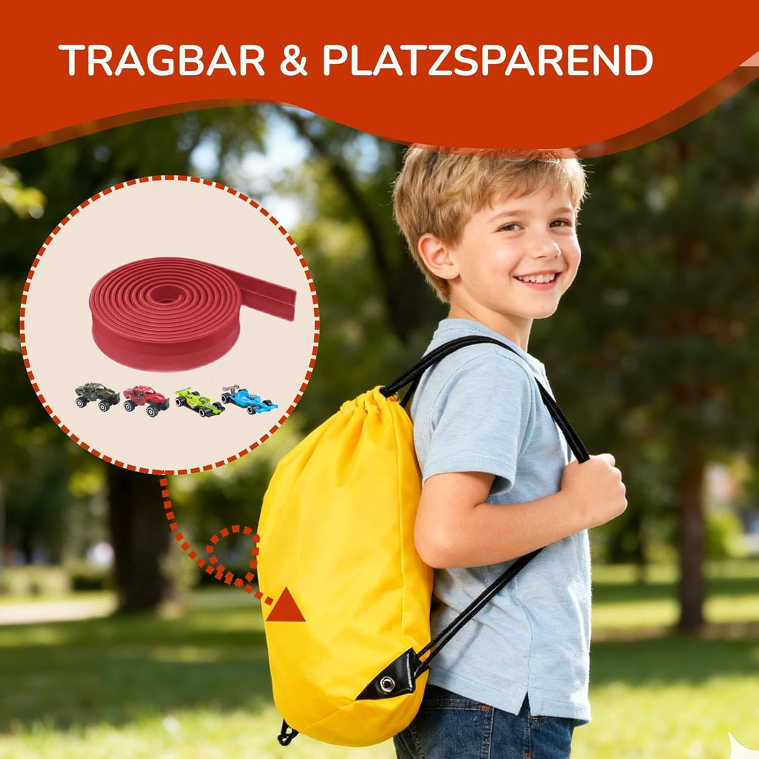 Autorennbahn Flexible Rennstrecke mit 4 Autos & Tragtasche – Soft Rennbahn Spielzeug für Kinder ab 3