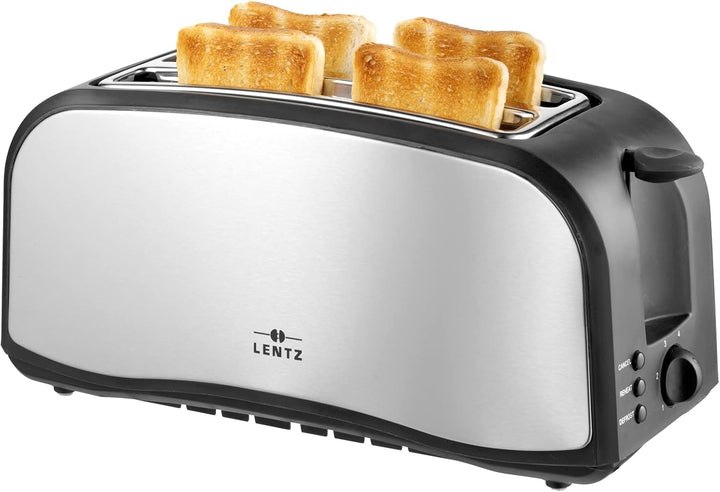LENTZ 4-Scheiben Langschlitztoaster 1400 Watt Toaster mit Brötchenaufsatz Krümelschublade Cool-Touch