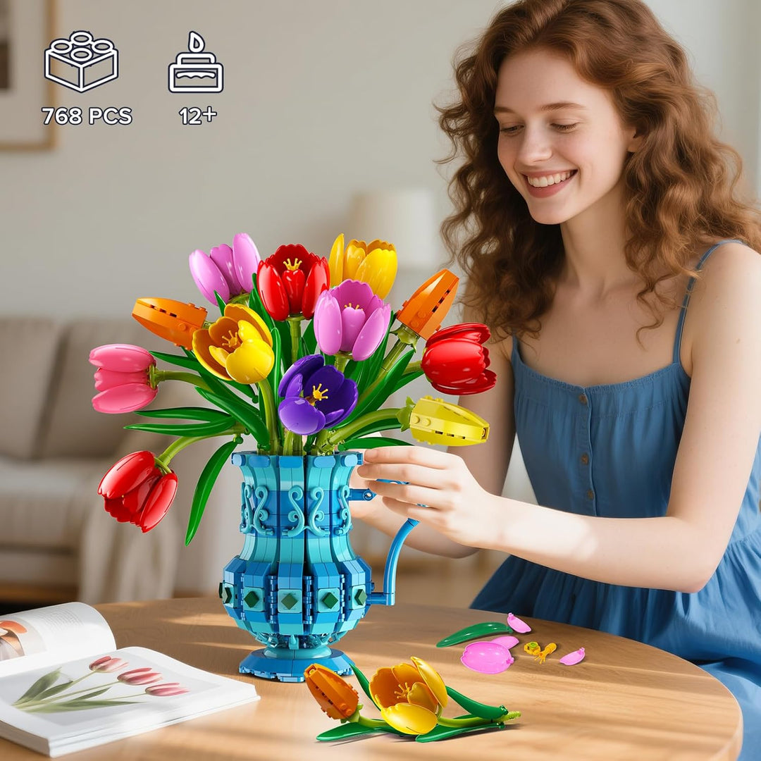 Blumenstrauss Bausatz mit Vase – Tulpen Blumen Bonsai Set für Erwachsene, Geschenk zum Valentinstag