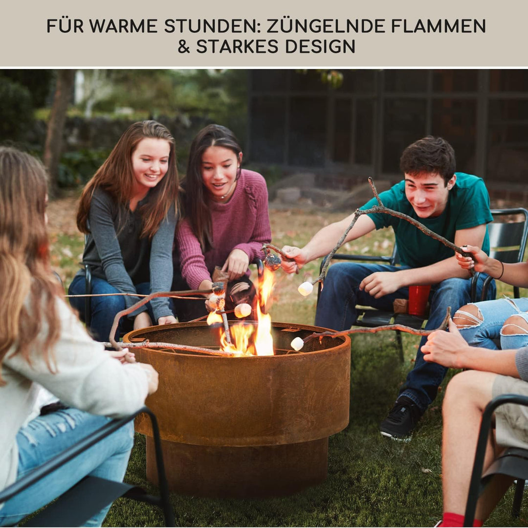 Blumfeldt Feuerschale für den Garten, Feuerschale mit Grillrost & Bambusplatte für Feuerschale, Stah