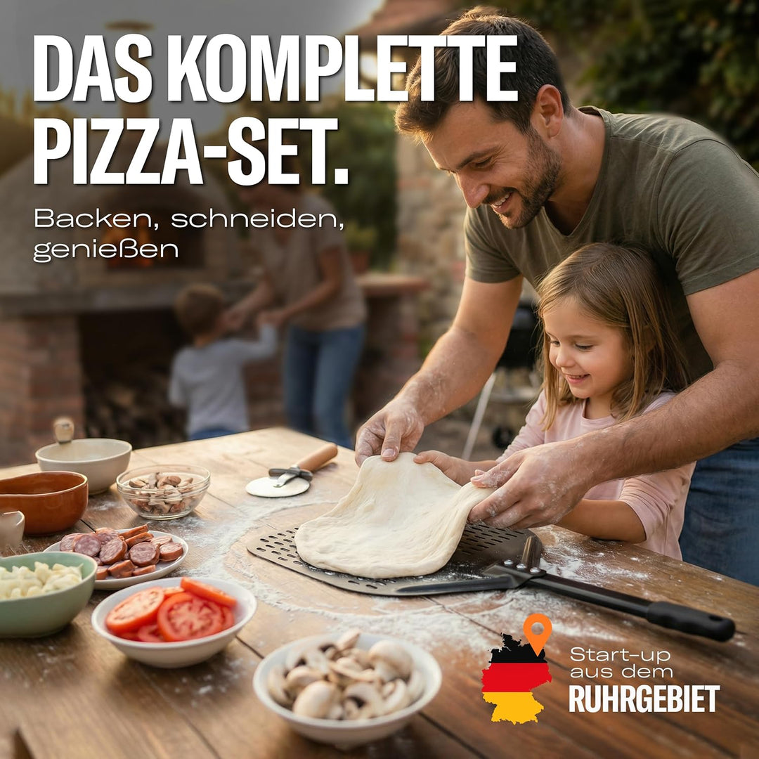 Pizzaschieber Set mit Pizzaschneider - grosser perforierter Pizzaschieber mit Antihaft-Beschichtung