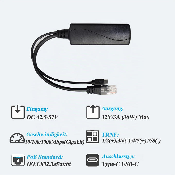 PoE Splitter Gigabit 36W 12V/3A, PoE zu Type-C 12V/3A Ausgang, Gigabit Ethernet gemäss IEEE802.3bt,