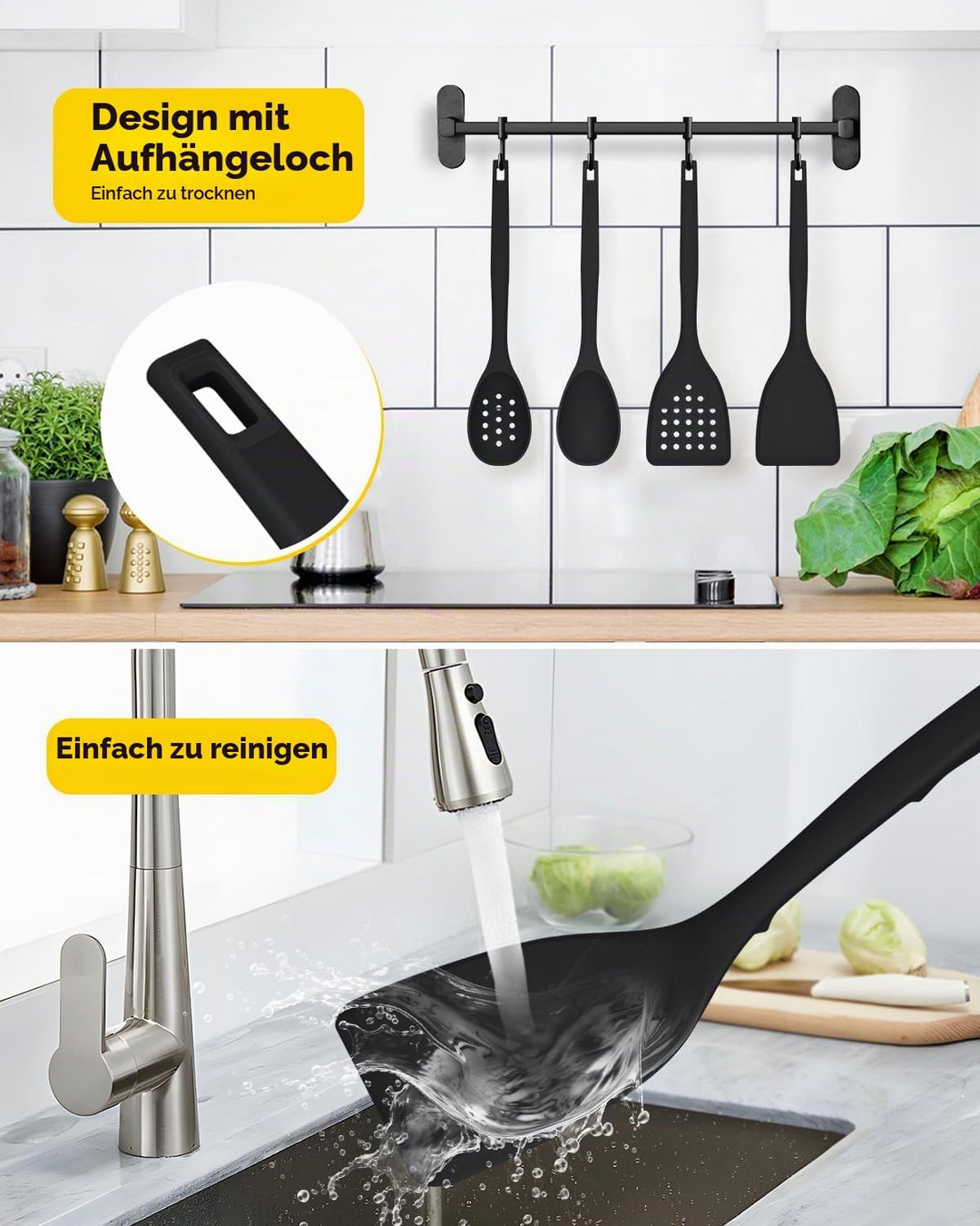 Packung von 4 Silikon Kochgeräte Set, Non-Stick-Festspalten und hitzebeständige Schlitzlöffel mit Rü