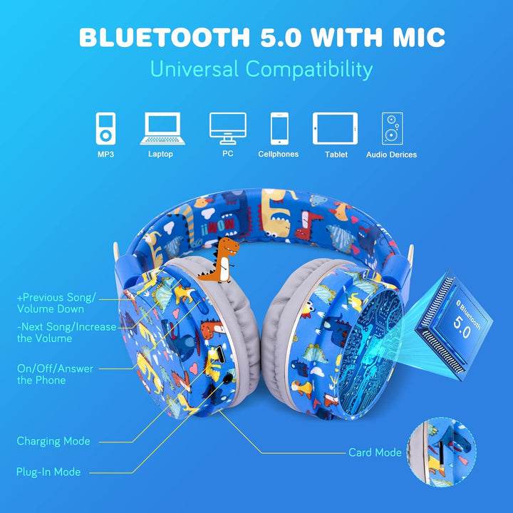 JYPS Bluetooth Kopfhörer Kinder, Dinosaurier Kopfhörer Kabellos Kinder mit Kabel und Mikrofon, Kids