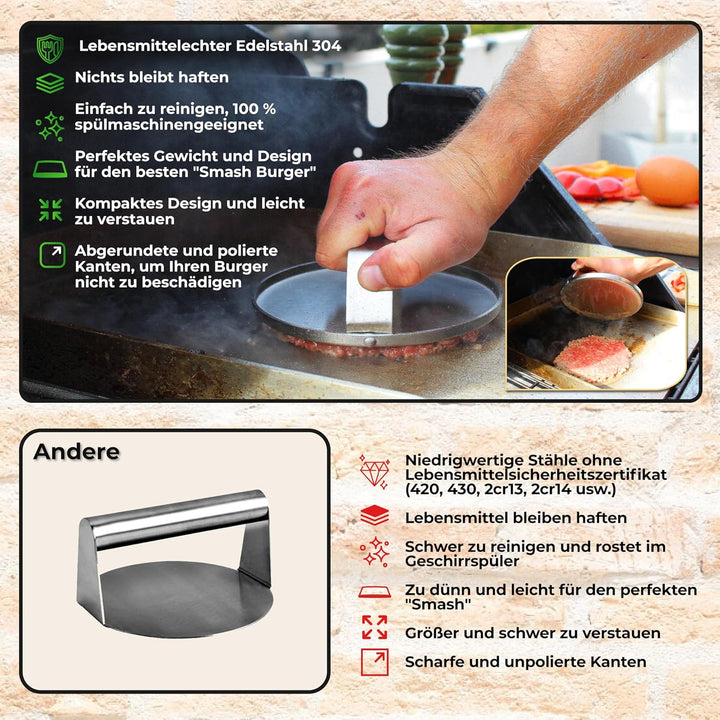 Smash Burger Set – Burger Smasher Set inkl. Hamburgerpresse, Burgerglocke Edelstahl 304, Grillspacht