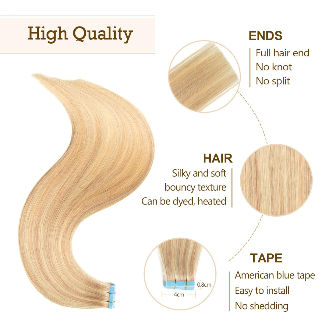 AGMITY Tape In Extensions Echthaar 20pcs 40cm 40g Aschblond mit Bleichblond Invisible Tape Extension