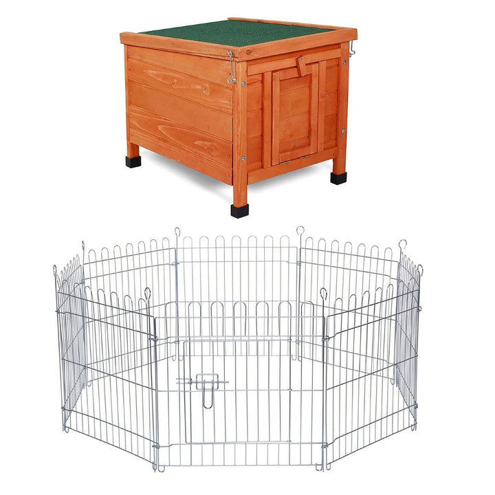 lionto Kaninchenstall mit Freilaufgehege (Höhe 58cm) für Kleintiere mit Freilaufgehege (rund), mit F