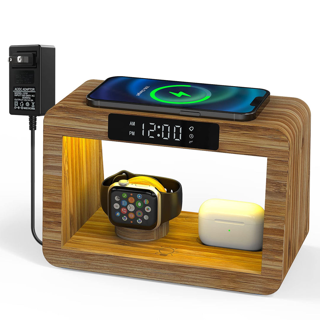 Kabellose 5-in-1-Ladestation, schnelles kabelloses Ladegerät mit digitalem Wecker und Nachtlicht, Ba