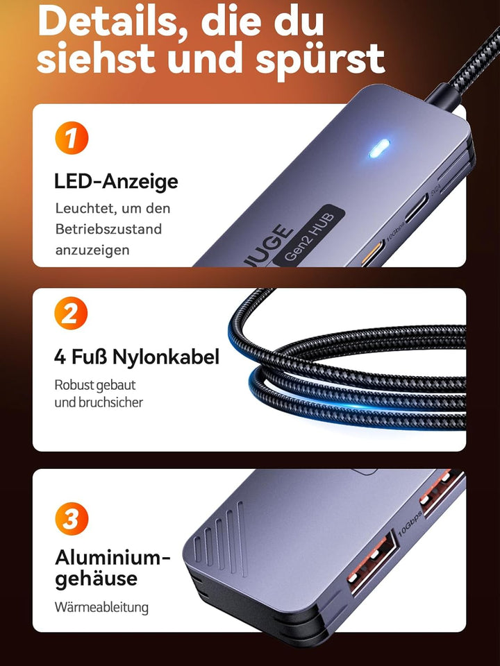 USB Hub 3.2 Gen2, QUUGE 5-in-1 USB Verteiler mit 2 USB-A & 2 USB-C 10Gbps, Multiport Splitter mit A-