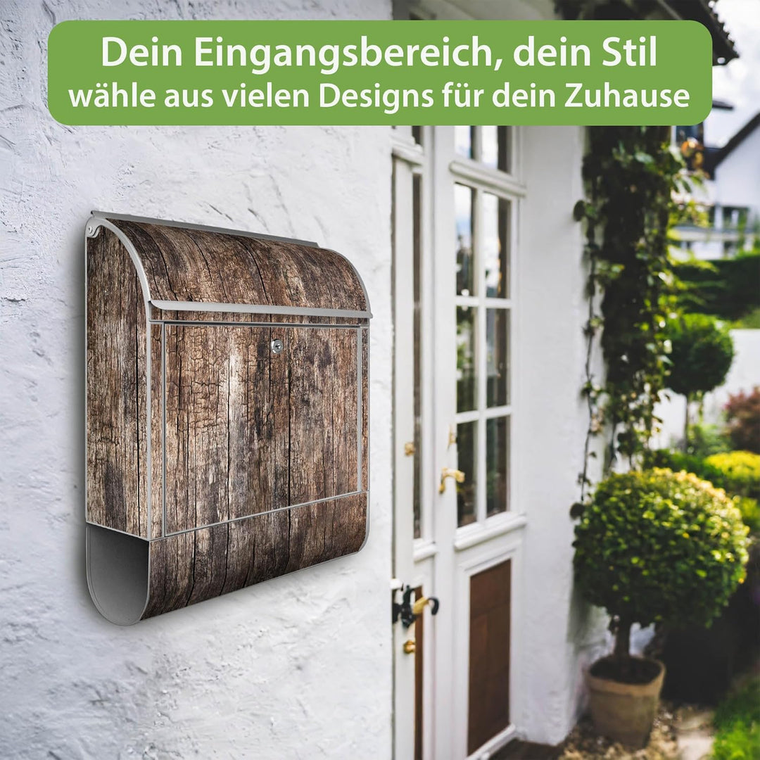 banjado® Design Briefkasten mit Motiv Altes Holz 39x47x14cm &amp; 2 Schlüssel - Briefkasten Stahl Silber