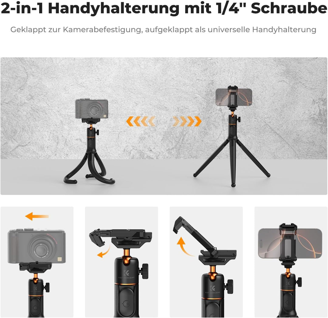 Handy Stativ,K&F Concept Flexibles Stativ für Smartphone & Kamera,MS29 Einziehbarer Selfie Stick,Min